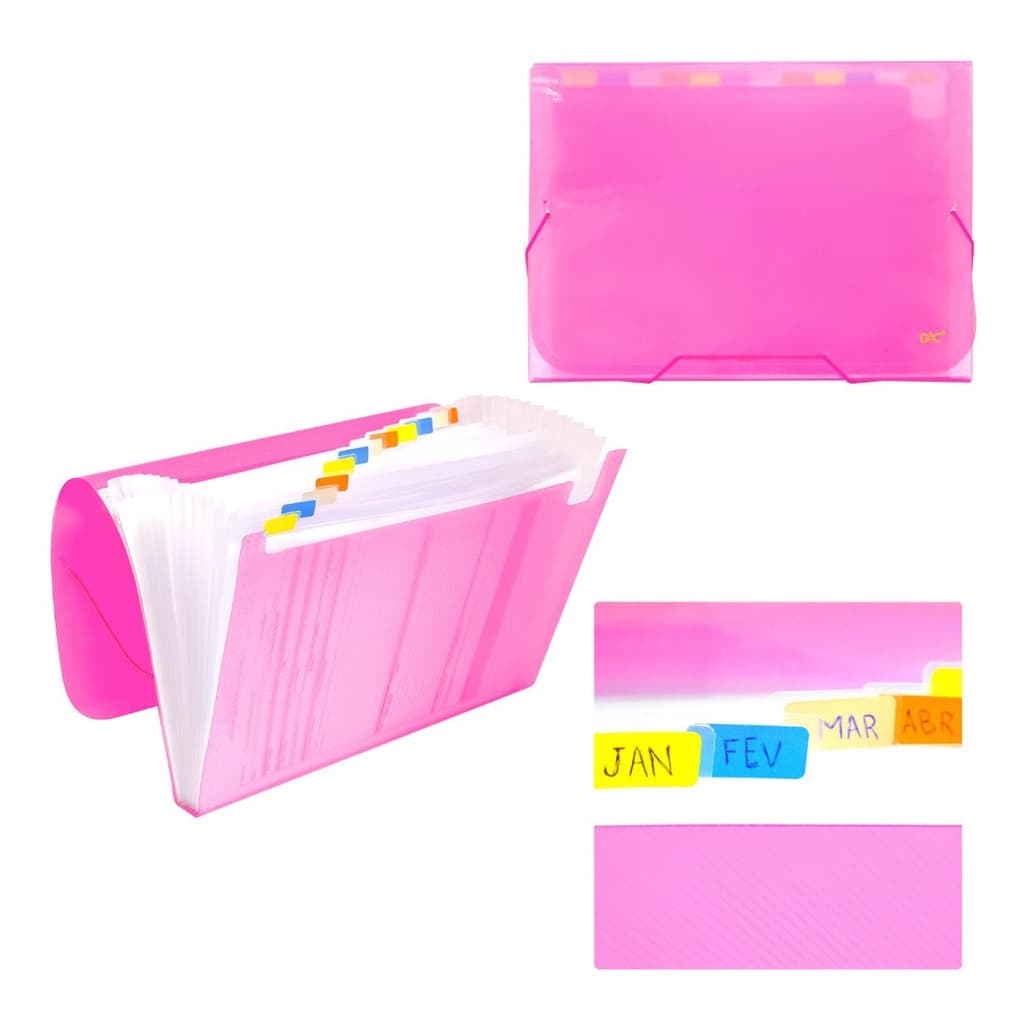 Pasta Sanfonada Rosa Dac Organizadora A4 12 Divisórias
