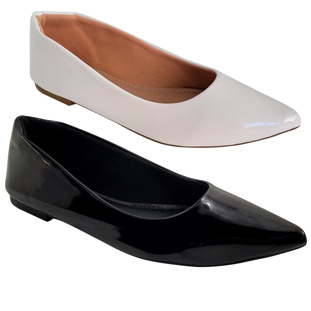 Kit Sapatilha Feminina 2 Pares Bico Fino Verniz Casual Confortável Rasteirinha Elegante Sandália Feminino