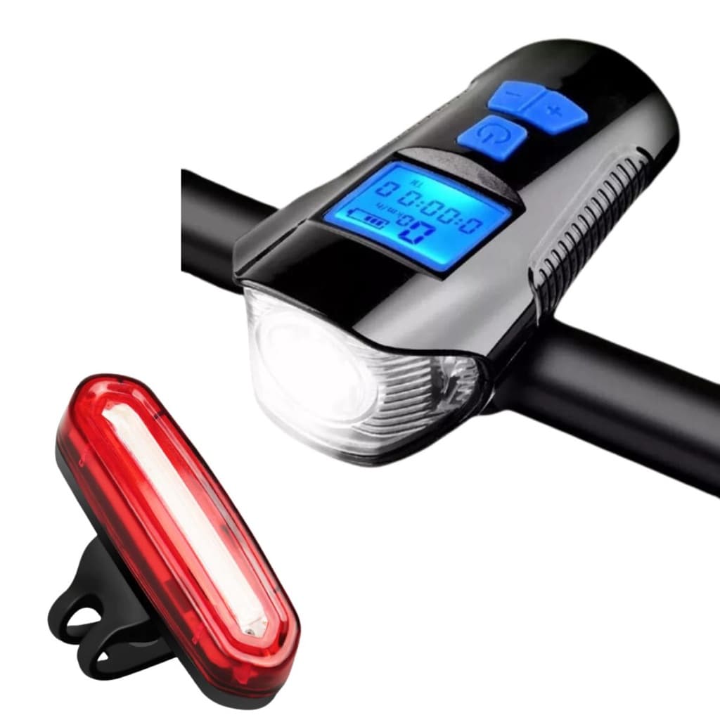 Farol de Bicicleta Velocímetro Digital Com Lanterna e Buzina + Sinalizador Traseiro de Bike Recarregável