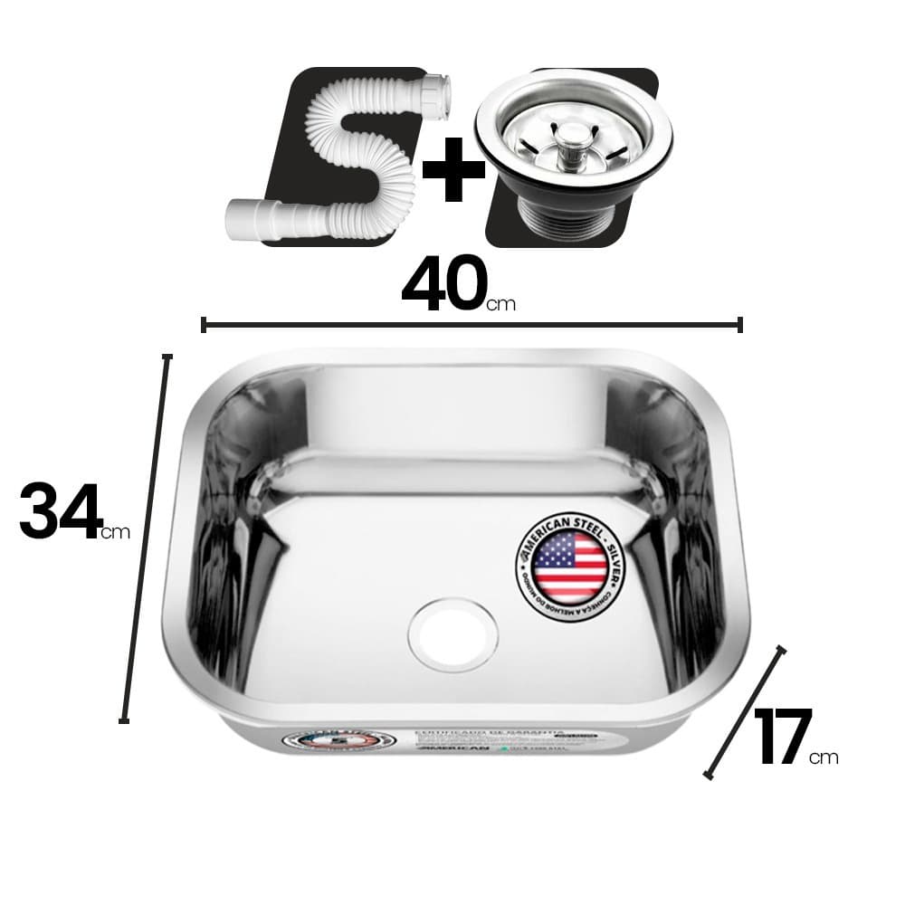 Cuba Aço Inox AS N°0-17 Extra Funda Polida 40x34x17 + Válvula + Sifão