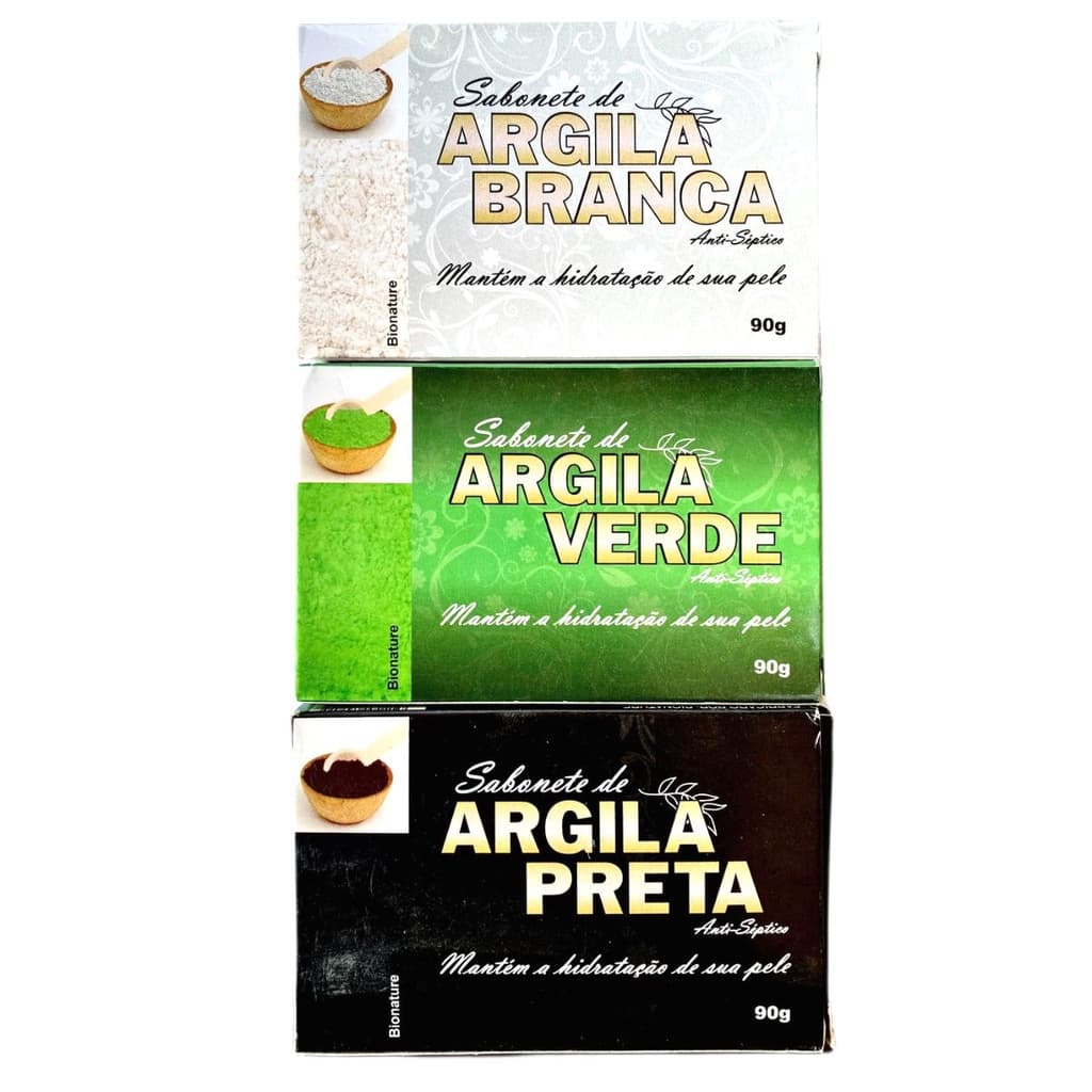 Kit 3 Sabonetes em Barra de Argilas Skin Care Sabonete Para Limpeza Facial e Corporal Verde Preta e Branca