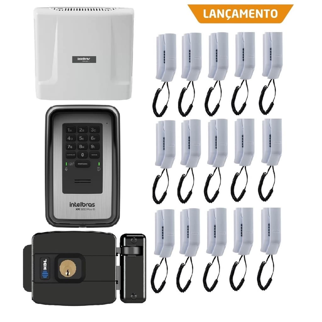 Kit Central de Interfone Condomínio 16 Ramais Comunic 16 + 15 Terminais + Porteiro XPE-1013 Plus ID + Fechadura HDL