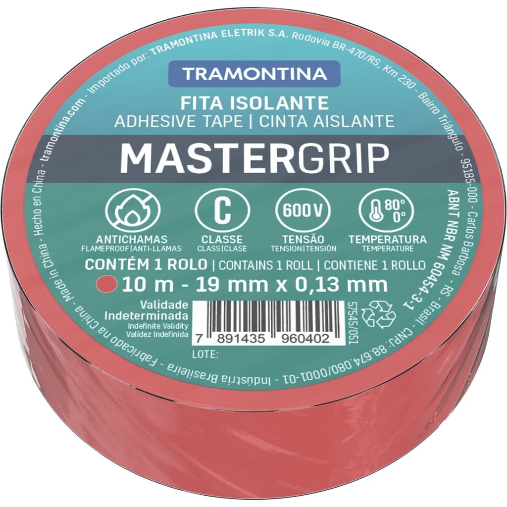 Fita isolante classe c tramontina 10m 0,13x19mm vermelha