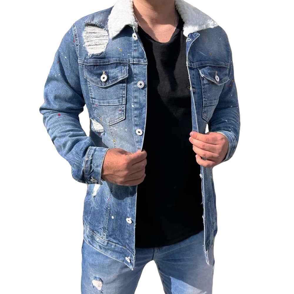 Jaqueta Jeans Masculina Destroyed Slim Pelinho Gola Splash Peluciada Respingos