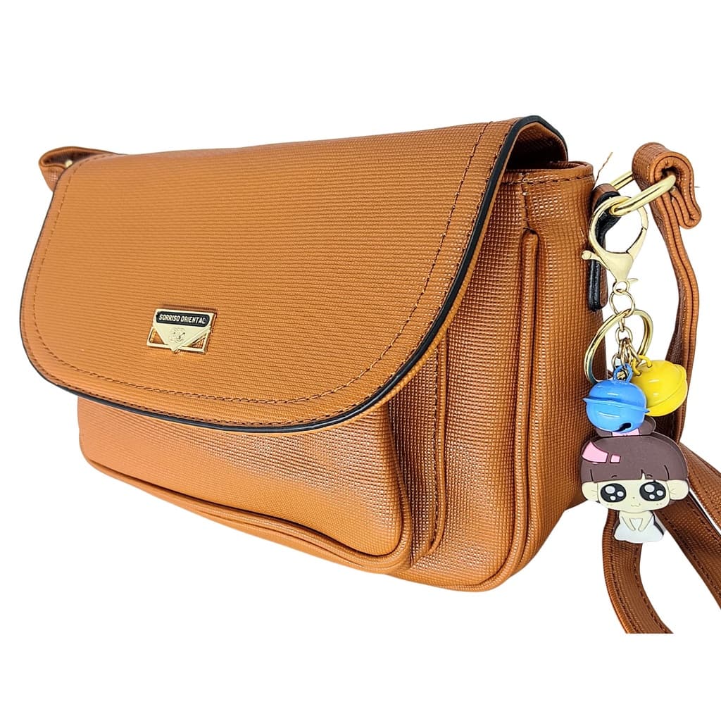 Bolsa feminina tiracolo transversal espaçosa com chaveiro