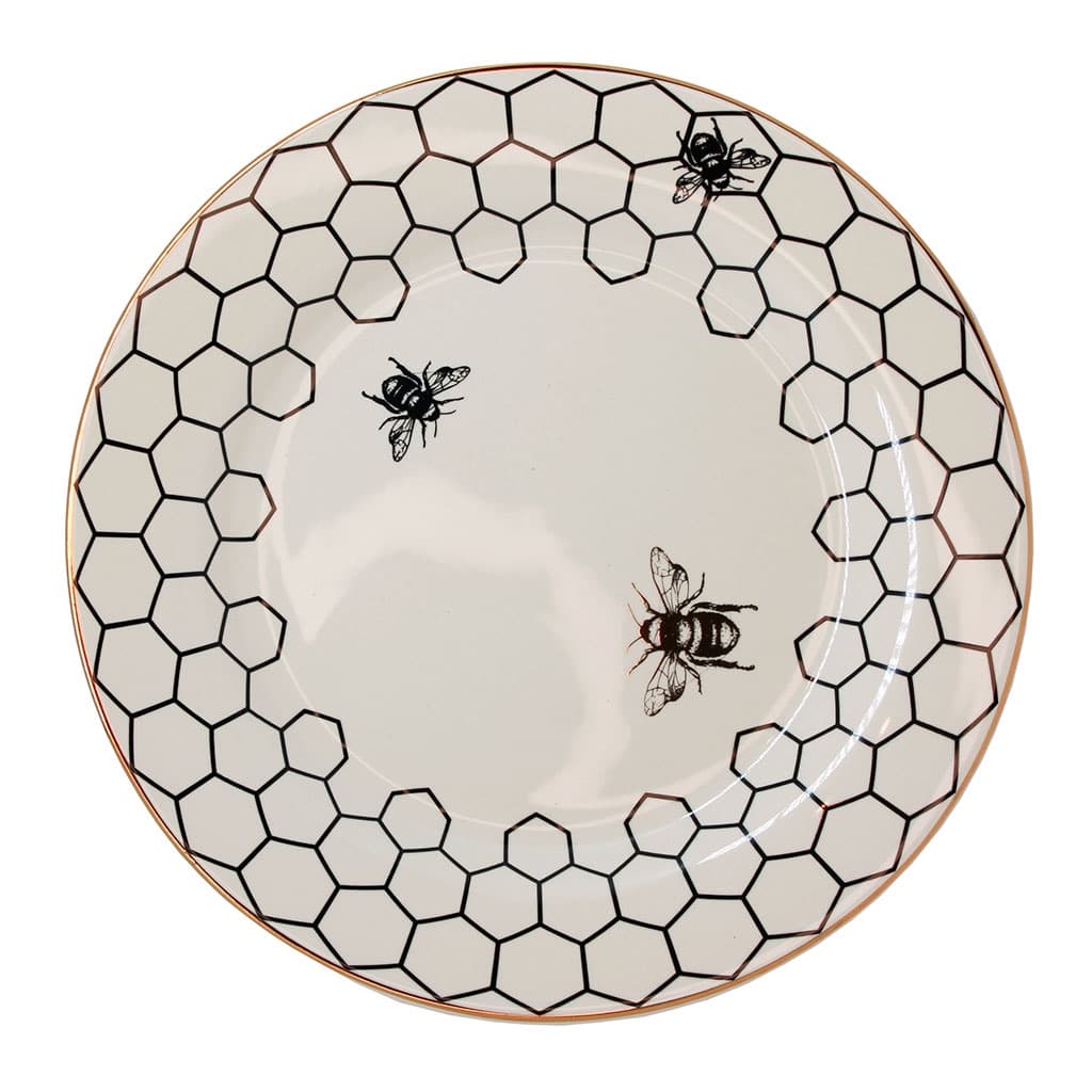 Prato Raso Cerâmica Colmeia Off White Borda Ouro 27cm -Unid.