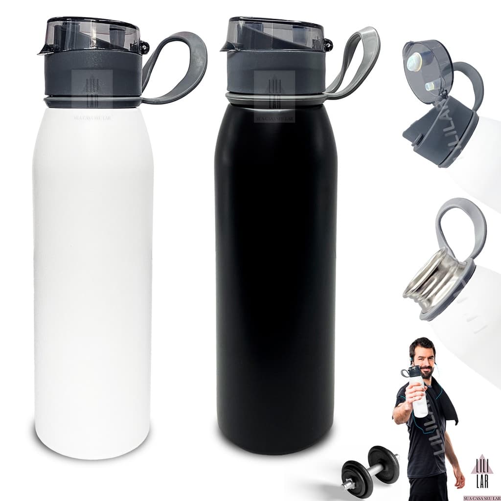 Garrafa Squeeze Inox 650ml Água Tampa e Alça Academia Treino Trabalho