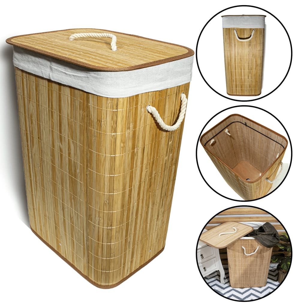 Cesto Organizador Para Roupas Sujas De Bambu Banheiro Lavanderia Grande Forrado Dobrável Alças Resistente Elegante 61cm