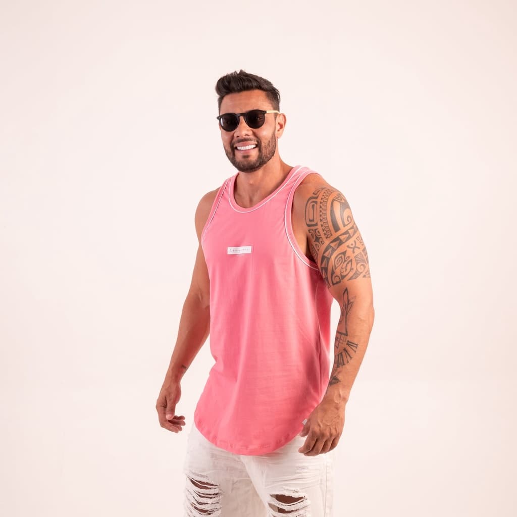 Regata Longuinni Retrô Rosa com Viés Branco