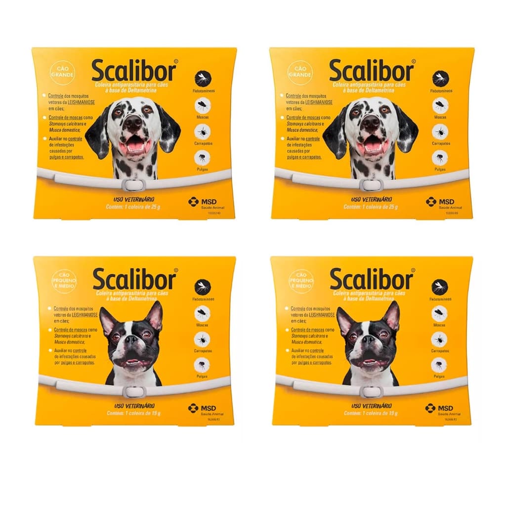 2 Coleiras Scalibor P 48cm +2 Scalibor G 65cm Antipulgas MSD