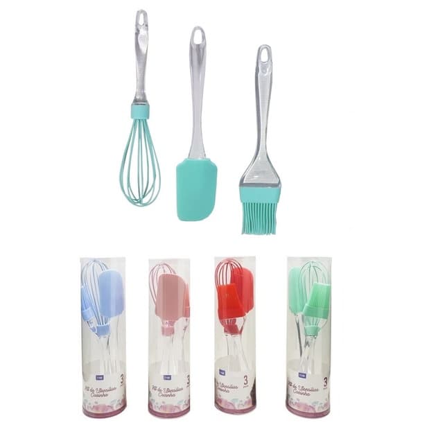 Kit Confeiteiro com Espátula Pão Duro / Pincel Culinário / Batedor Claras Cabo Acrílico no Tubo