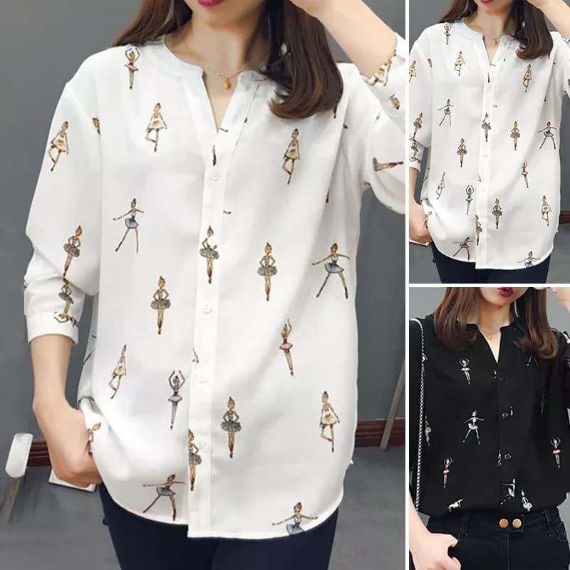 2023 Mulsim Cross-Border Feminino Camisa com estampa humanóide de manga comprida Blusa de verão camisa casual