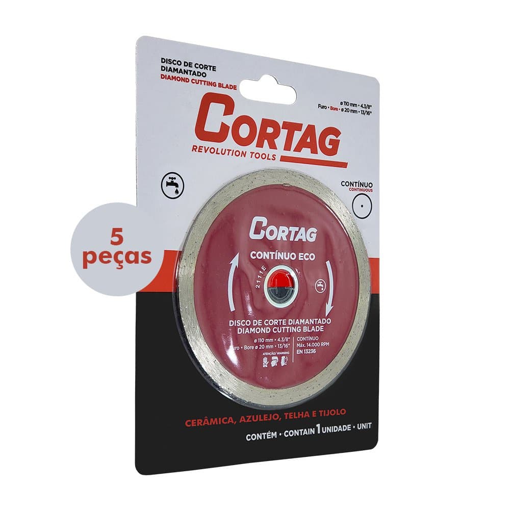 Disco Corte Diamantado 4.3/8'' 110mm Furo 20mm Contínuo Eco Cortag Com 5 Peças