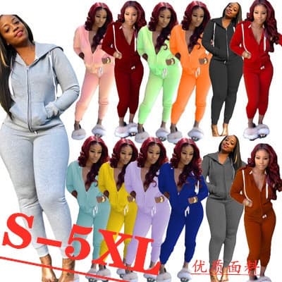 2021 Outono e inverno Amazon outono e inverno bombeamento de corda de cor sólida europeus e americanos plus size feminino casual conjunto esportivo de duas peças