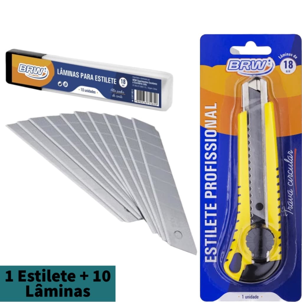 Kit Estilete Profissional Resistente Largo 18mm BRW com 10 Lâminas Extras - Estilete com Trava Circular Modelo ES1802