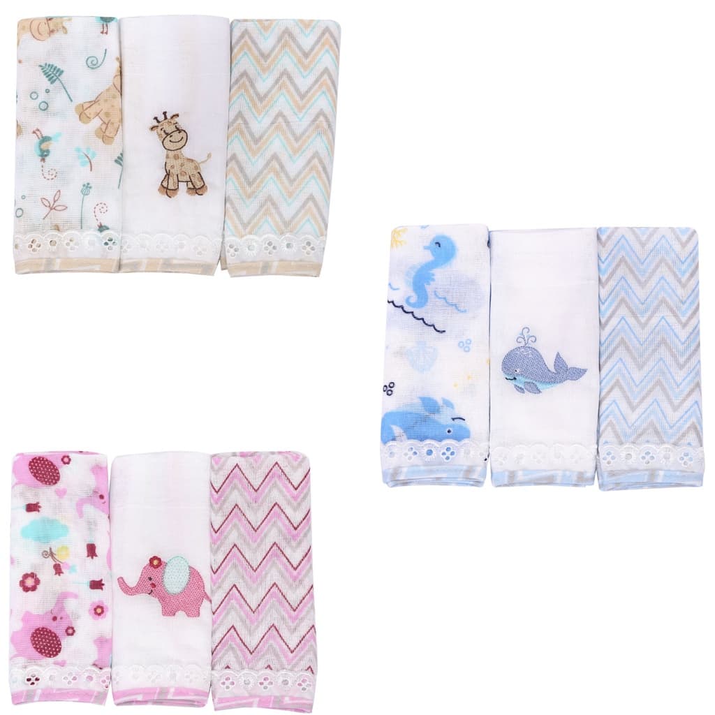 Pano de Boca Babete Fralda Bordado Kit 3 Unidades Estampas Bichinho e Chevron Minasrey Dengo