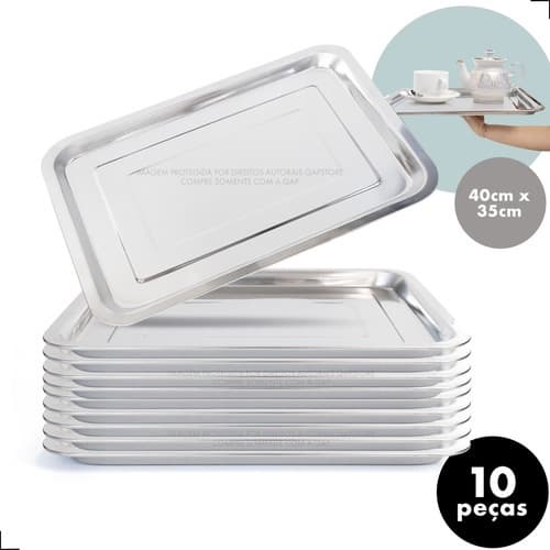 Kit 10 Bandeja Aço Inox Retangular 40x30 Rasa Restaurante