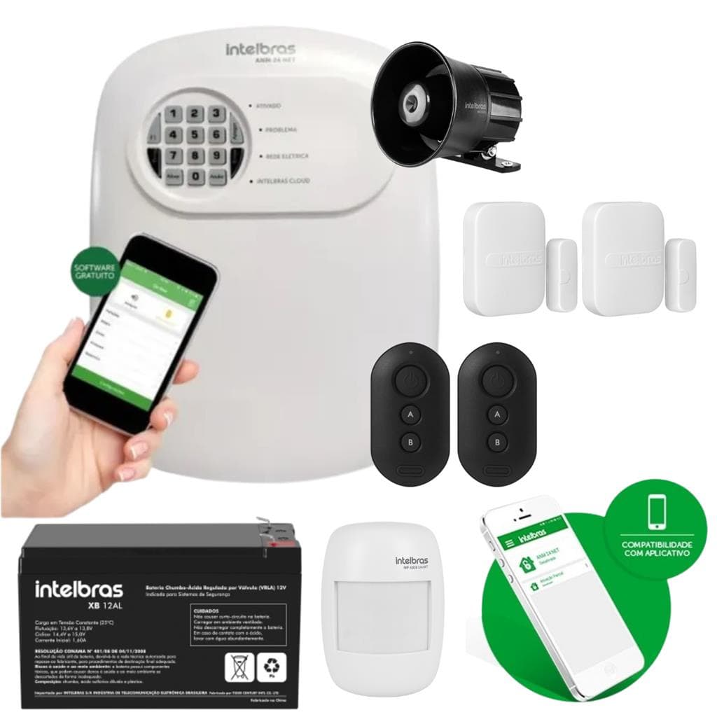 Kit Alarme Intelbras ANM 24 NET Completo:Controle Pelo Celular + 5 Sensores s/Fio + Bateria + Sirene