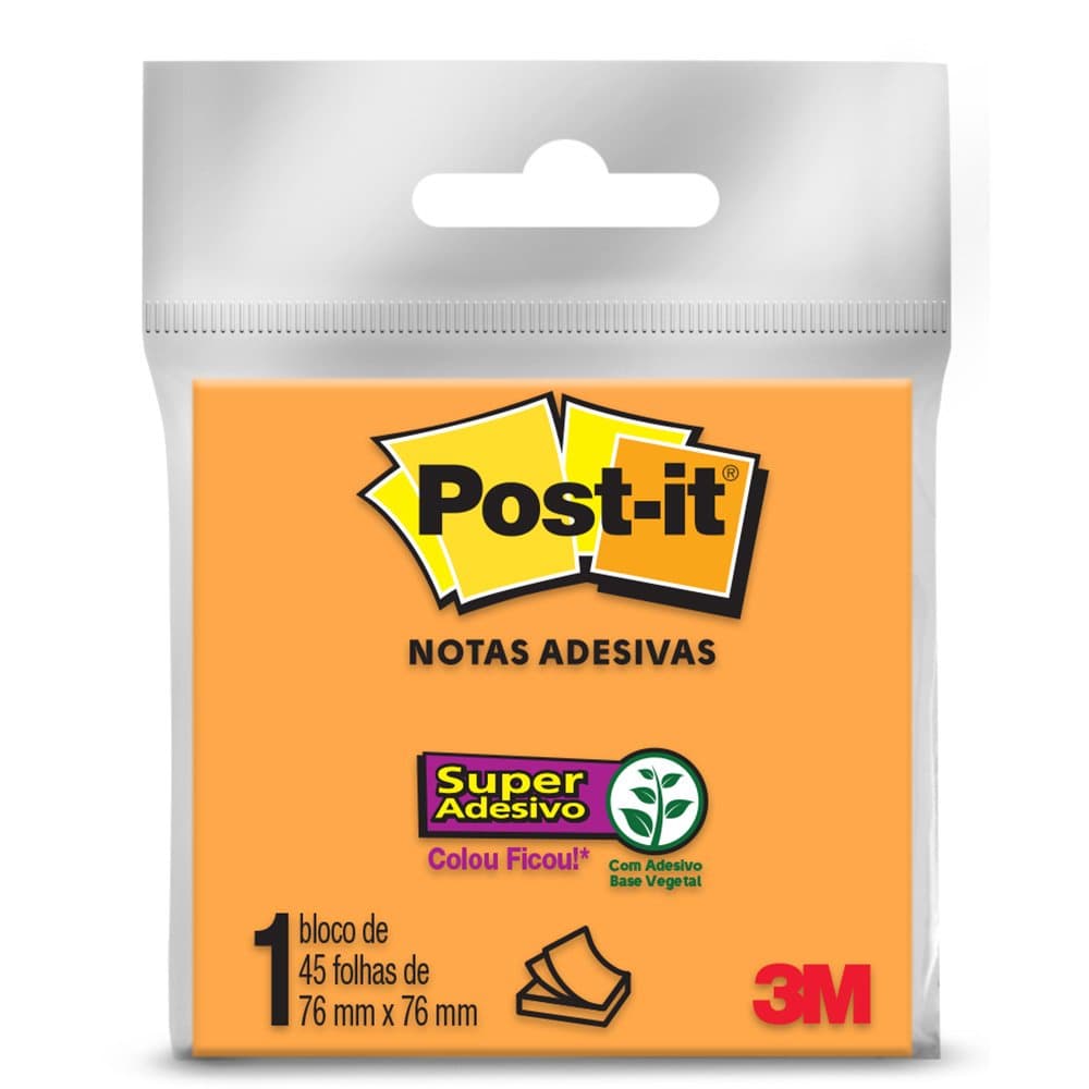 Bloco adesivo 3M post-It 76X76mm laranja 45 folhas