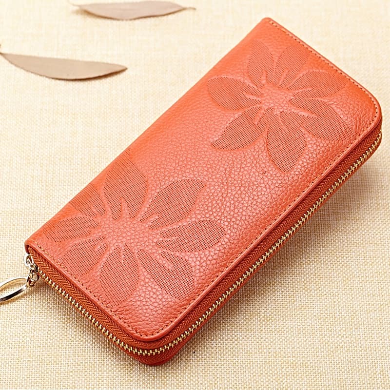 Carteira Feminina De Couro De Camada Superior Bolsa Longa Flores Embreagem