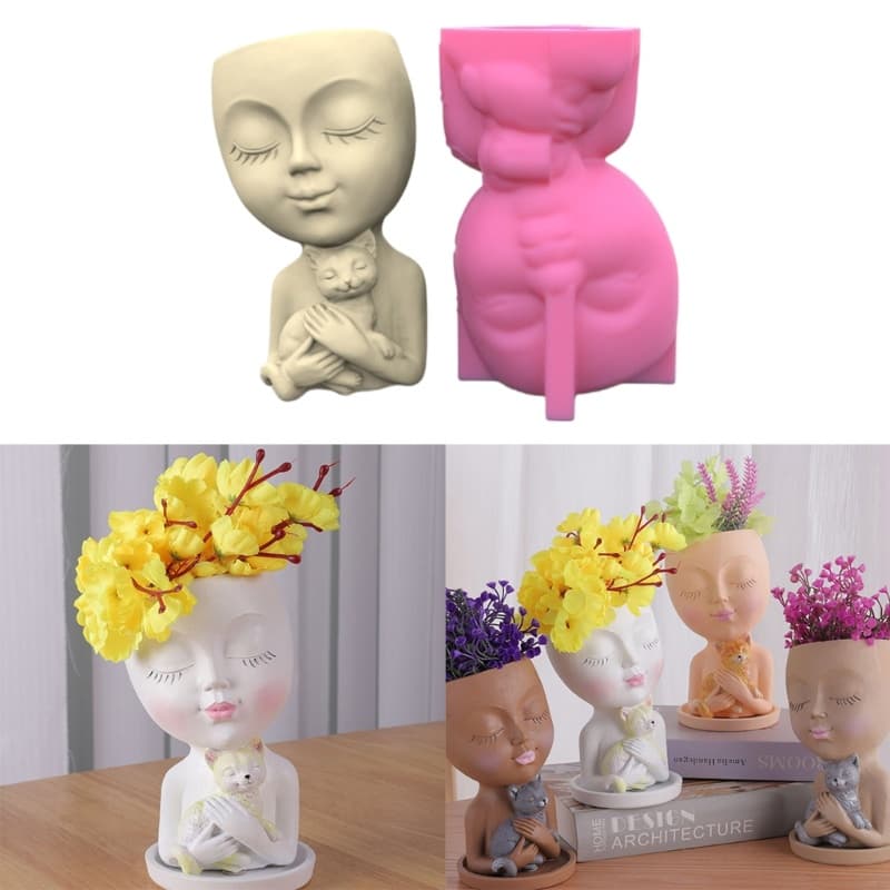 YOIOI Gato Menina Flor Molde De Silicone Resina Epóxi Fundição Suculento