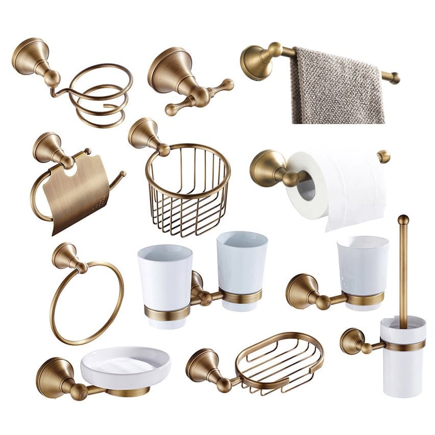 Conjunto De Hardware De Banheiro De Latão Antigo Suporte De Papel Higiênico/Gancho De Robe/Anéis De Toalha/Escova De Vas