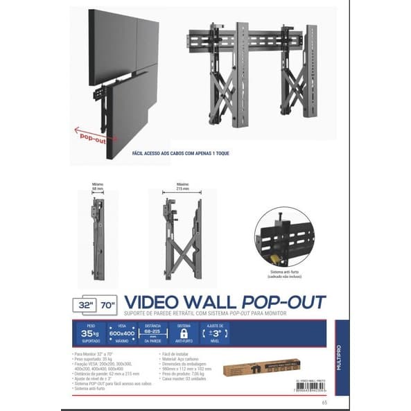 VIDEO WALL POP OUT Suporte de Parede para Monitor LFD 37 A 70 POL - uso Profissional - Preto