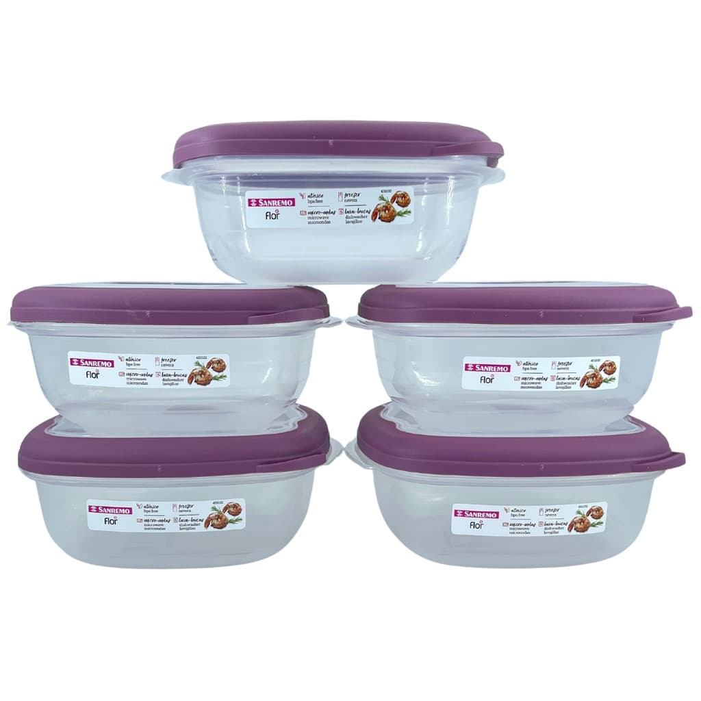 Kit 5 Potes Plástico Empilhaveis com Válvula Micro Ondas 920ml Quadrado