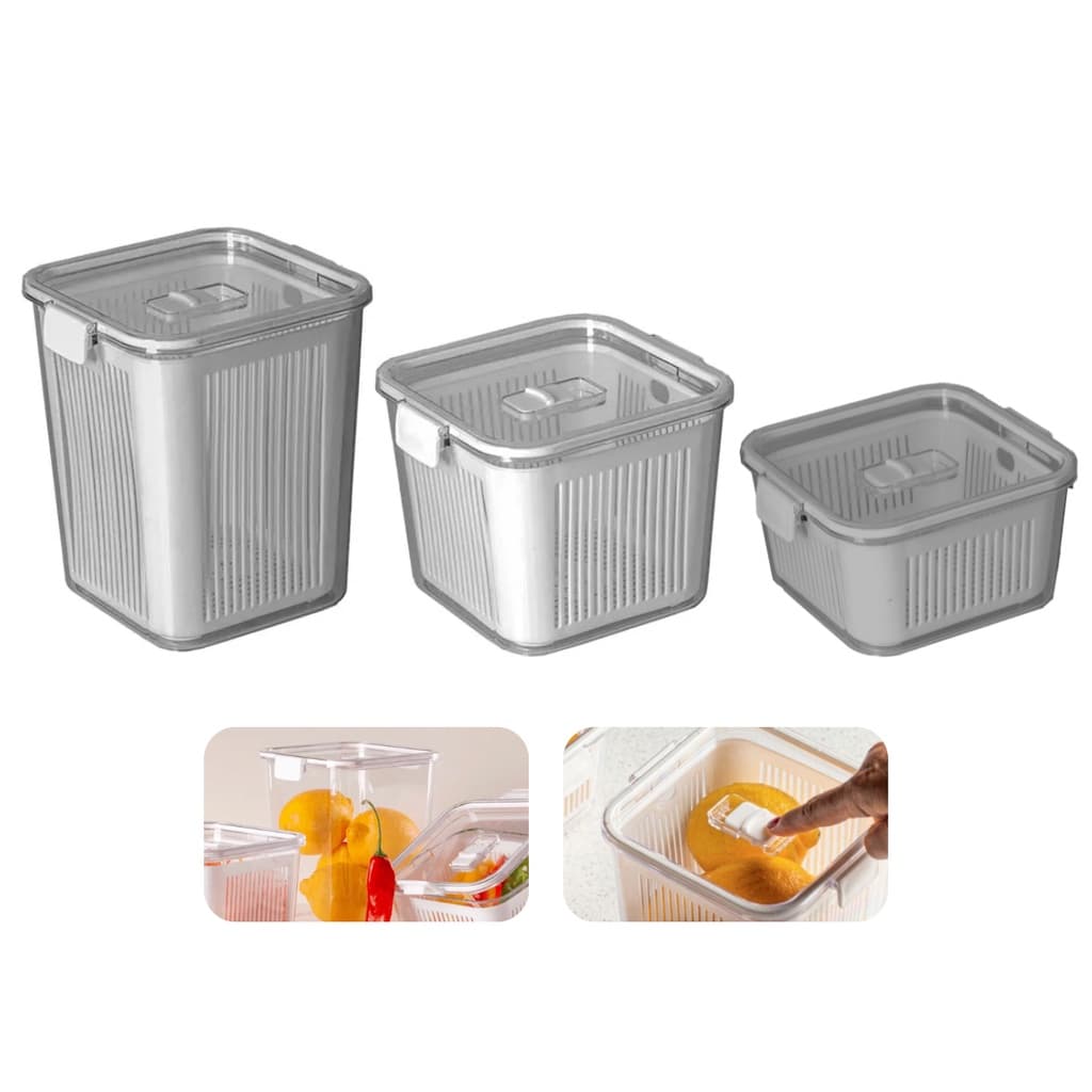 Kit 3 Potes Organizadores Geladeira Cozinha Legumes Frutas Verduras Com Cesto de Drenagem
