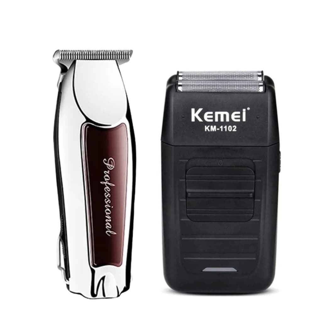 Kit Máquinas de Barbear e Acabamento Profissional Barbearia  Kemei 1102 + Kemei 9163 Recarregáveis