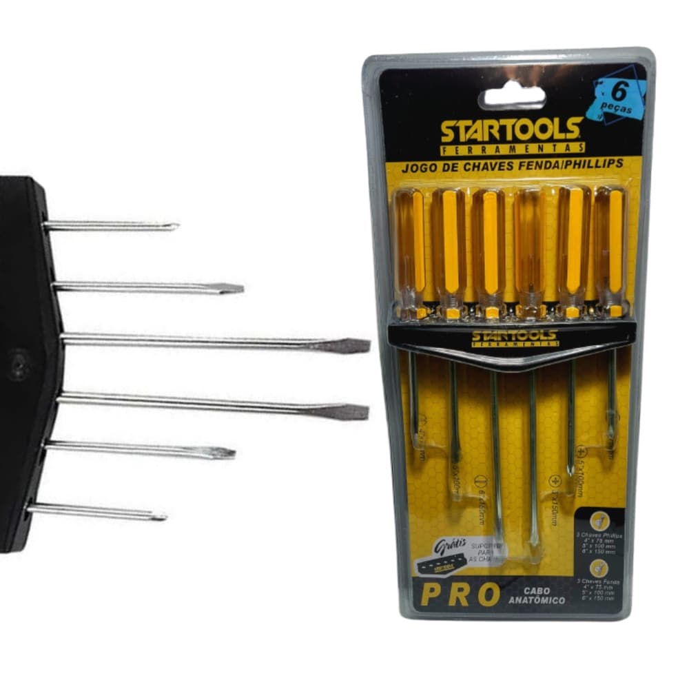 Jogo de Chaves Fenda e Phillips 6 Peças StarTools Pro com Suporte Organizador | Kit Profissional de Chaves