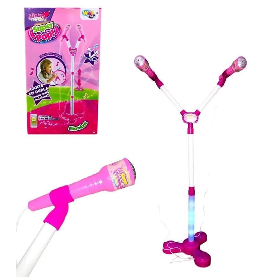 Microfone Duplo Infantil com Pedestal Glam Girls - Conecta com Celular