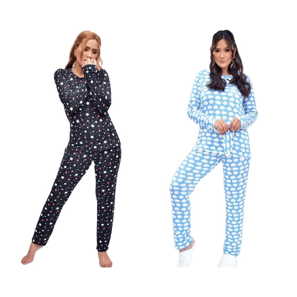 Kit 2 Pijamas de Frio Feminino Inverno Longo Suede