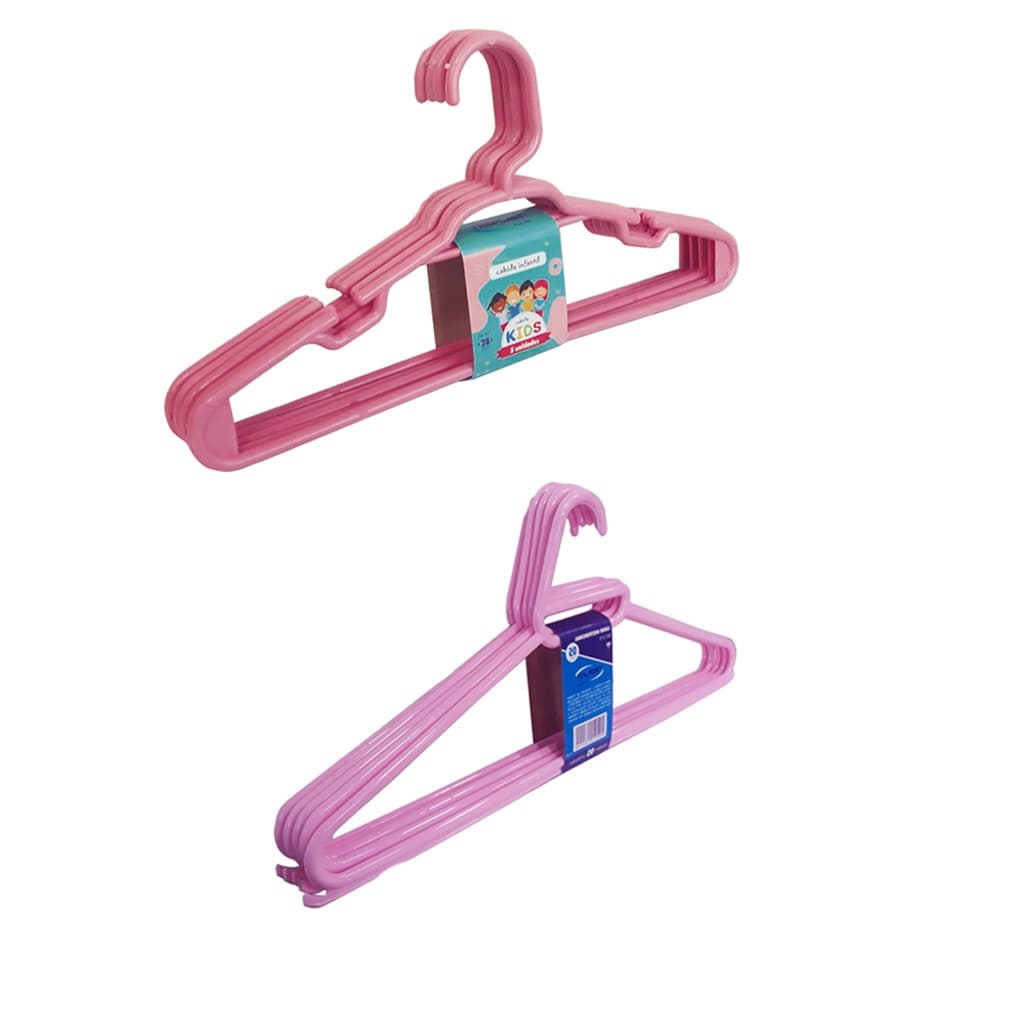 Kit 5 Cabides Adulto + 5 Cabides Infantil Rosa Reforçado