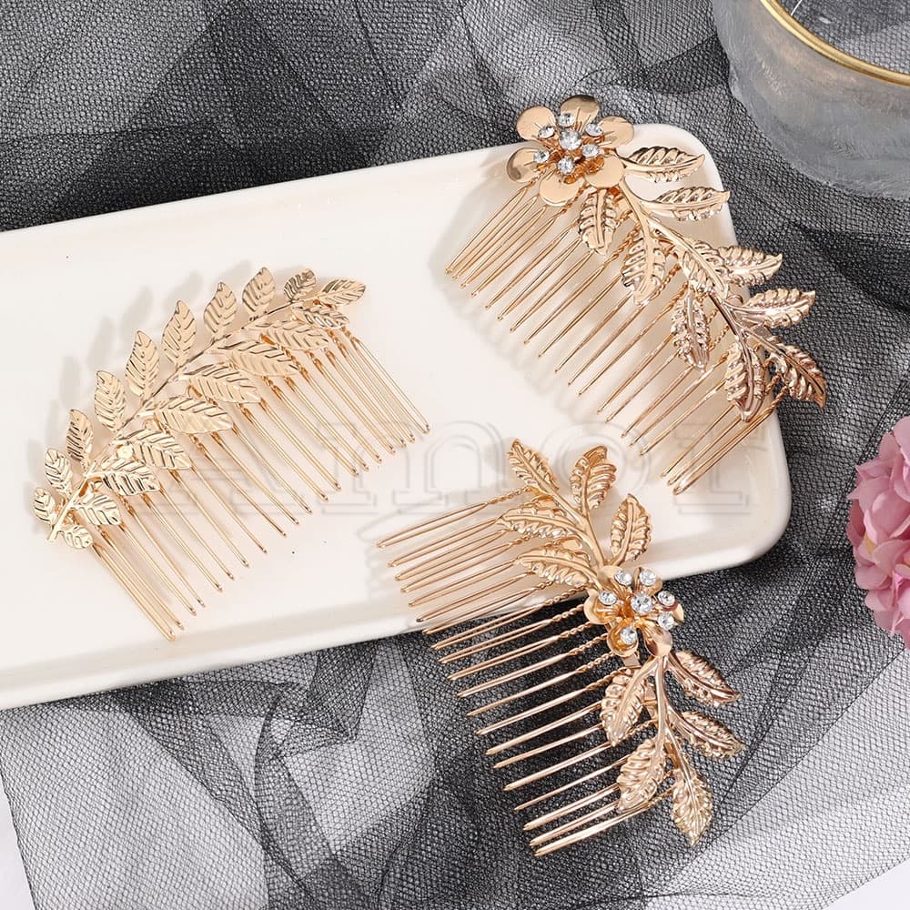 Clipes De Cabelo Cor De Ouro Mulheres Fashion Headwear Flowers Rhinestone Hair Side Comb Meninas Cabelos Metálicos Acessórios Para Noivas Dama De Honra Folha De Árvore