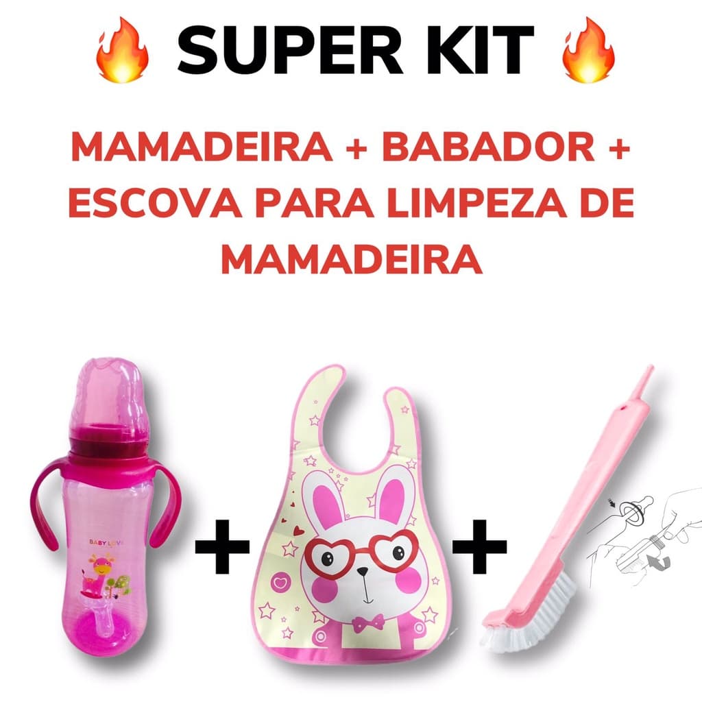 Kit Para Bebês Babador Mamadeira Com Alça + Limpador De Mamadeira Novos E De Qualidade