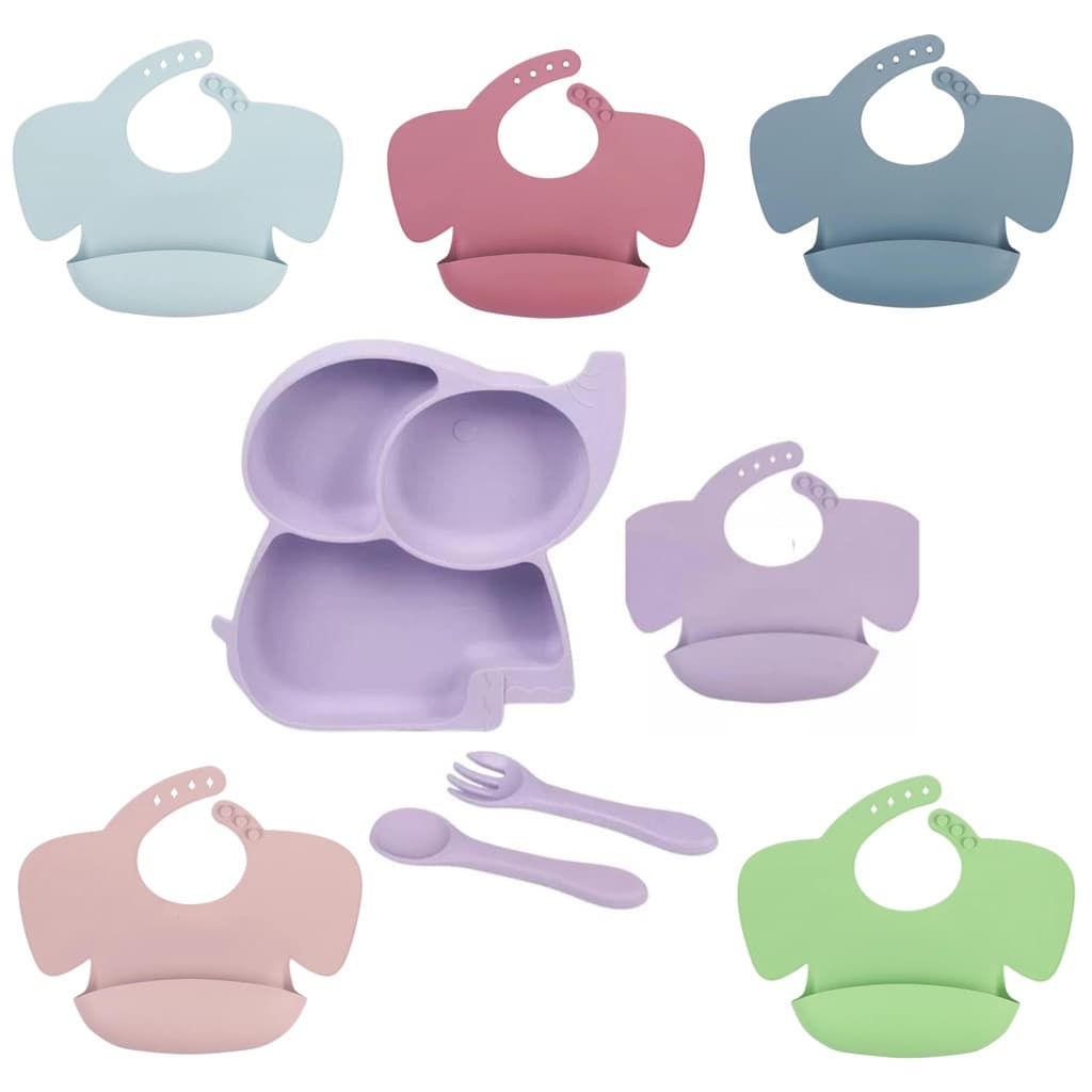 Kit Refeição Alimentação Bebe Babador Talheres Prato Infantil Divertido Colorido Elefante Azul Rosa