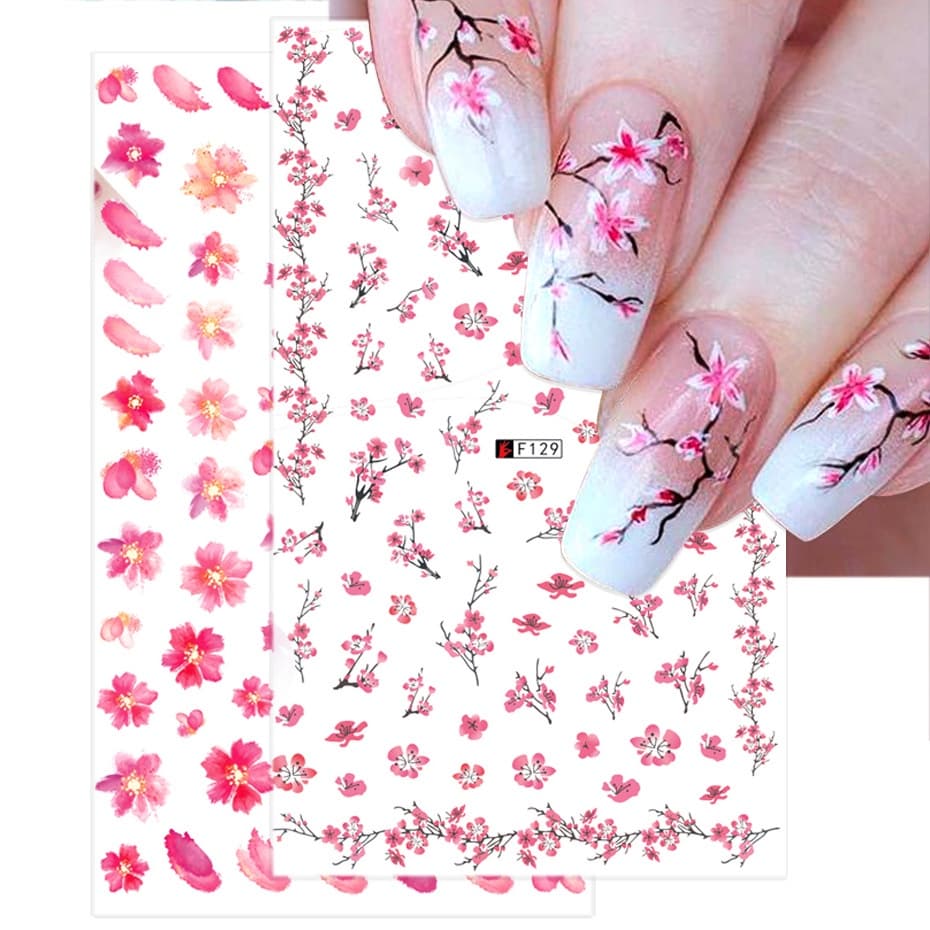 Decalques de Manicure em Flor de Pêssego Flor de Ameixa Flor Vermelha Seca Adesivos para unhas 3D
