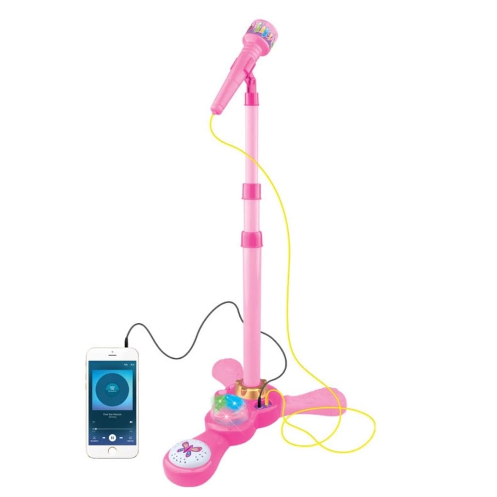 Microfone infantil pedestal toca música com luz rosa menina