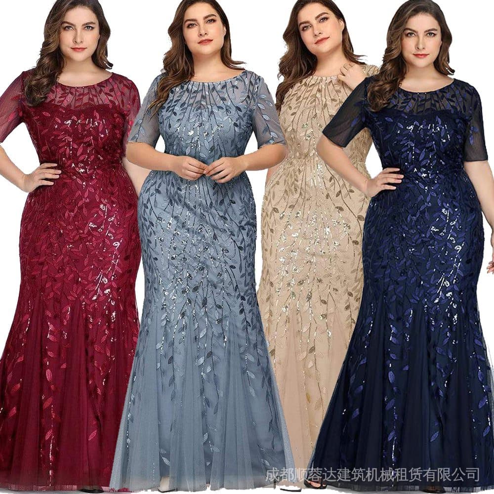 Lantejoulas de malha plus size sereia fina vestido de noite miçangas folhas padrão feminino formal elegante vestido de festa manga curta