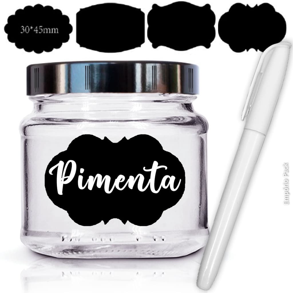 12 Potes Tempero Vidro 150ml, Tampa Plast. Preta, Etiqueta e Caneta