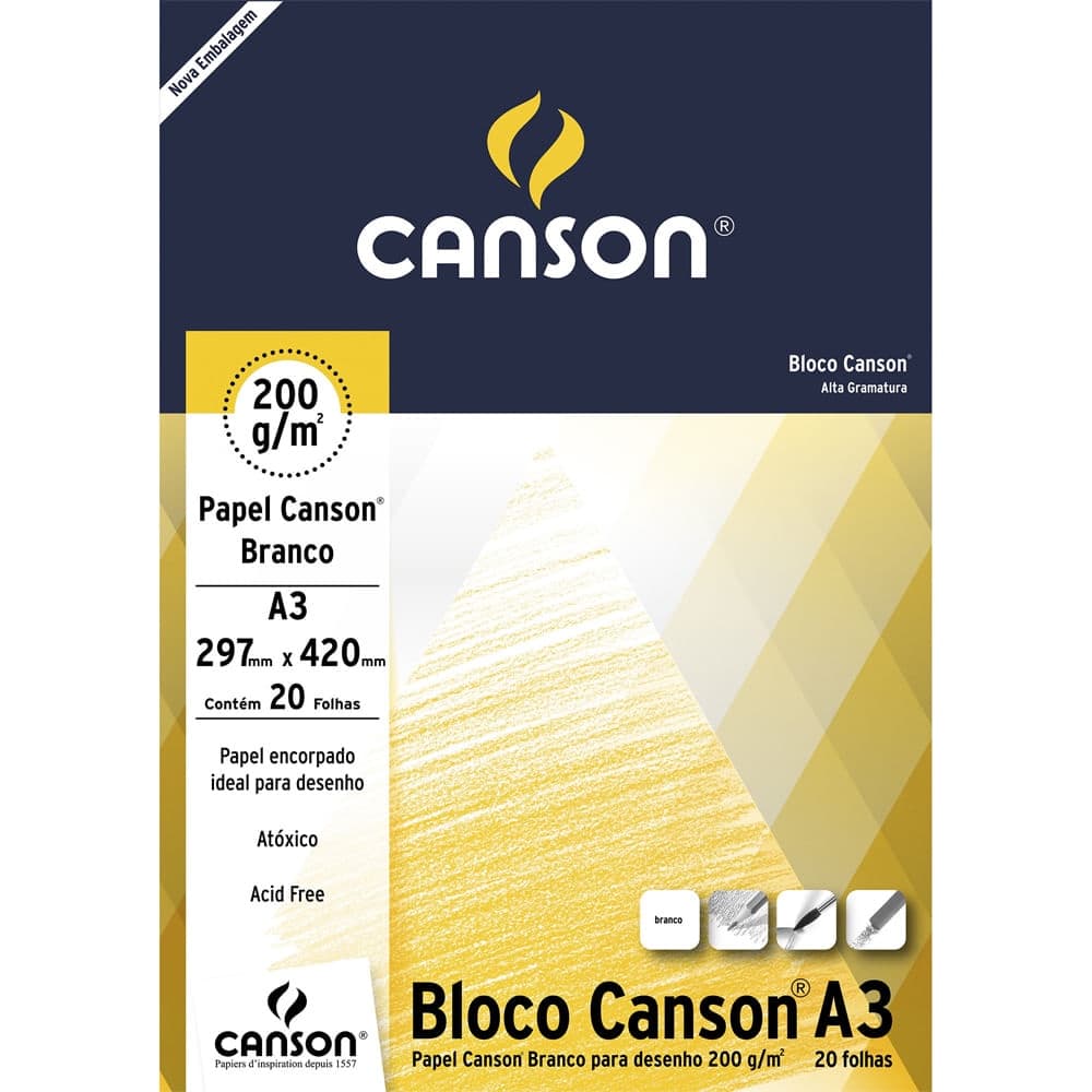 Bloco Papel Canson Desenho Branco 200g A3 20 Folhas