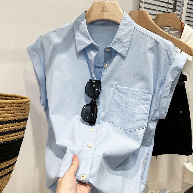 2023 nova camisa azul europeia feminina Design nicho verão 2023 francês solto mais magro olhar de manga curta camisa sup