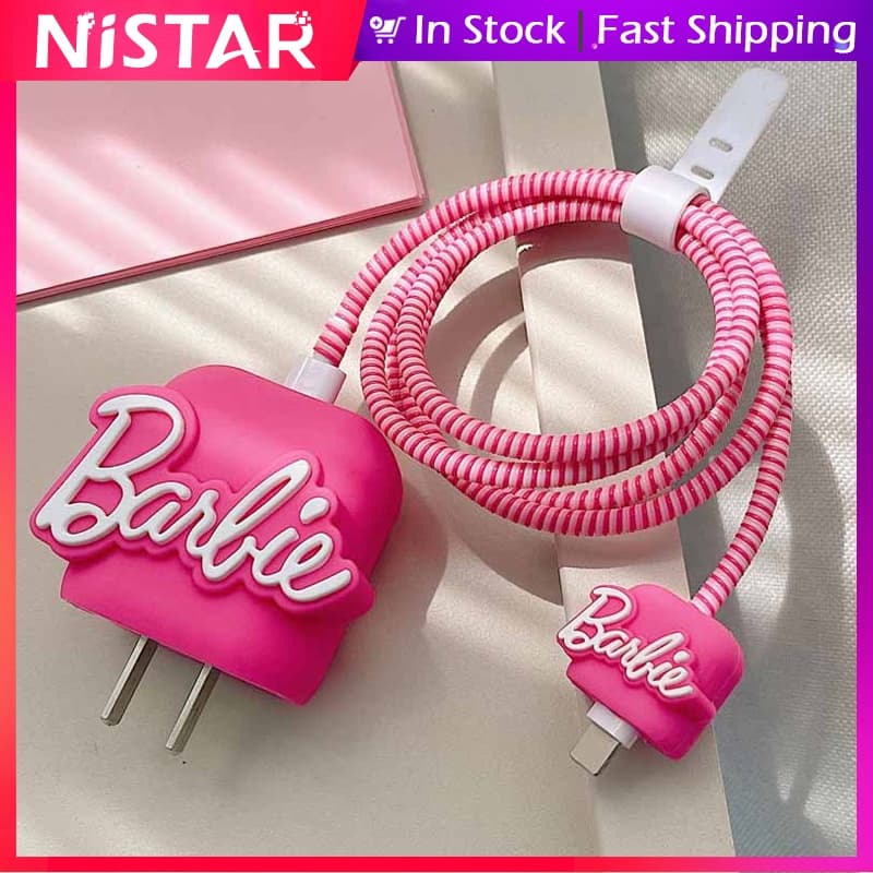 Pink Barbie Girl Charger Protector Cable Organizer , 4 Pieces Set Capa Protetora De Cabo Para iPhone 18W 20W Kit De Gerenciamento Dados Caixa De Armazenamento