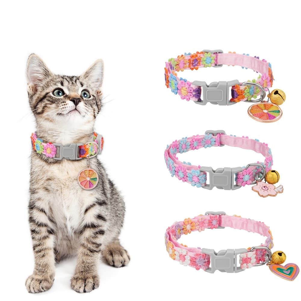 Coleira De Gato De Renda Ajustável Com Pingente De Flor E Sino – Design Floral Bordado Macio Coleiras Fofas Para Gatos P