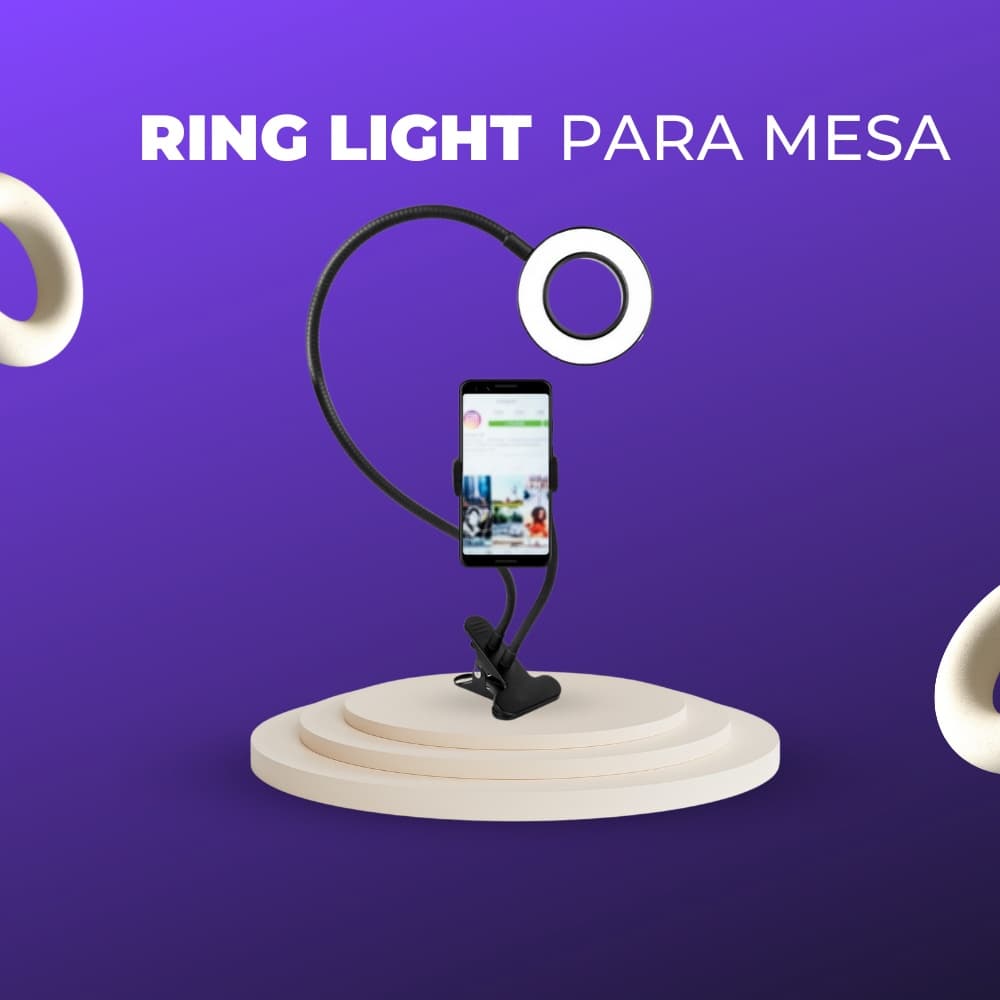 Ring Light para Mesa Flexível 2 em 1 Suporte Celular com Anel de LED de 3 Tons Iluminação