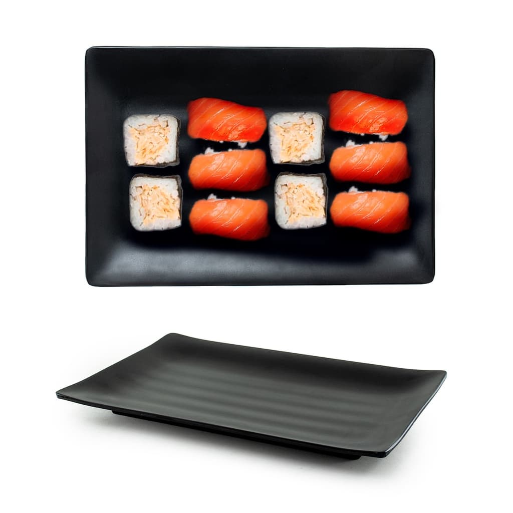 Kit 2 Travessas Para Servir Sushi Comida Japonesa Buffet De Melamina Preta Retangular Petisqueira Mesa Jantar 24x16cm