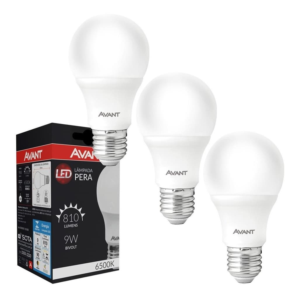 Kit 3 Lâmpadas Led Bulbo Pera Bivolt 9w Luz Branca Avant