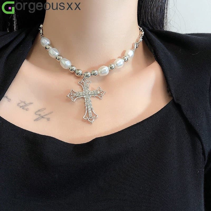 Colar De Pérolas Hip-Hop Retro Punk Pingente De Cruz Simples Cadeia De Clavícula Para Acessórios De Jóias Femininas