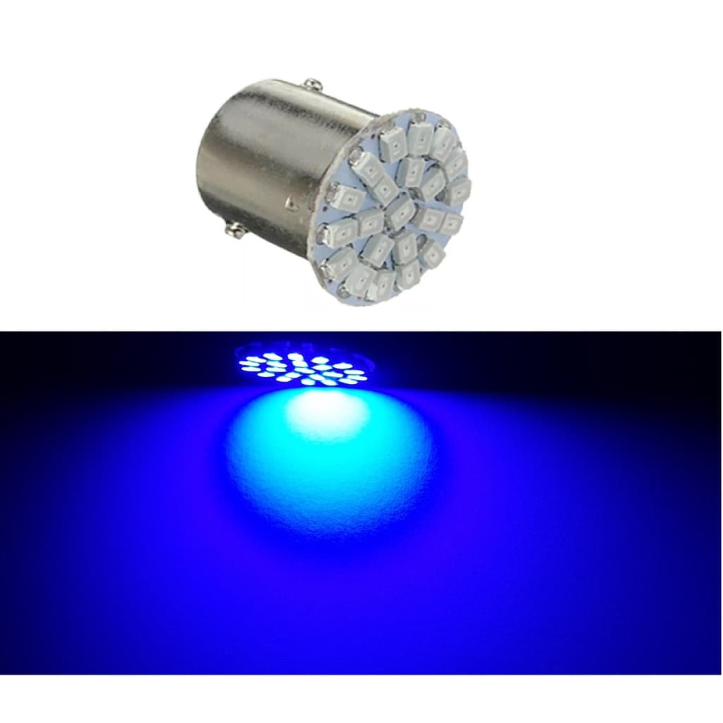 Lampada 1 polo 2 polos 22 leds AZUL de ré freio ou pisca P21w 1156 12v